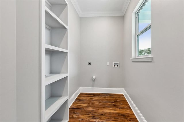 laundry room with electric dryer hookup, washer hookup, dark hardwood / wood-style flooring, and ornamental molding