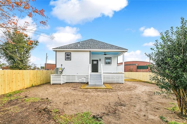 back of property featuring a porch and ceiling fan