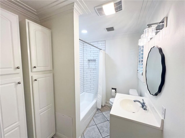 full bathroom with vanity, tile patterned flooring, toilet, ornamental molding, and shower / tub combo with curtain