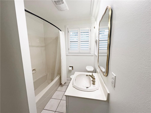 bathroom with tile patterned floors, shower / bath combo with shower curtain, ornamental molding, and vanity