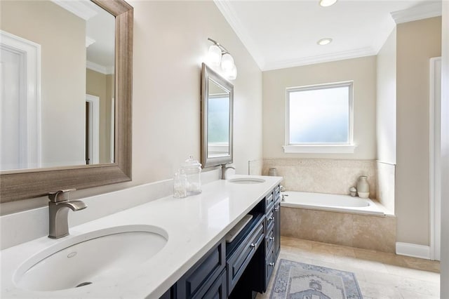 bathroom with tile patterned flooring, vanity, ornamental molding, and tiled tub