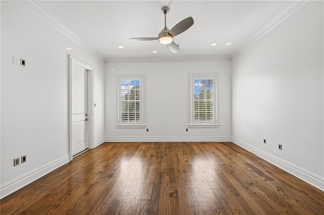 spare room featuring ceiling fan, crown molding, and dark hardwood / wood-style flooring