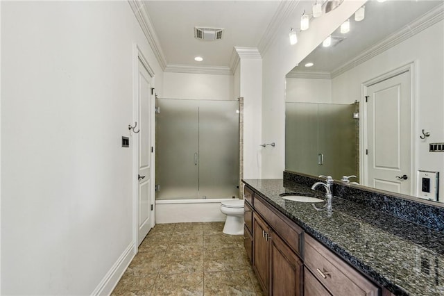 full bathroom with shower / bath combination with glass door, toilet, ornamental molding, and vanity