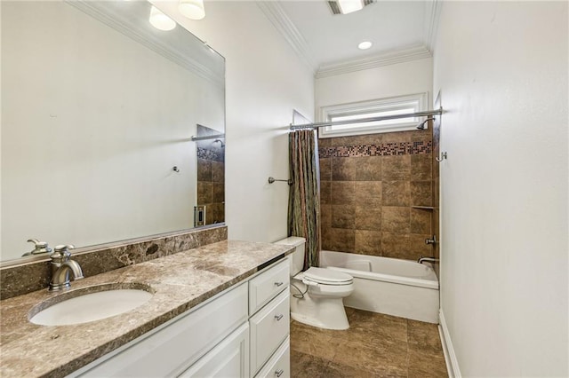 full bathroom featuring toilet, vanity, ornamental molding, and shower / bath combo with shower curtain