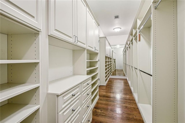 walk in closet with dark hardwood / wood-style flooring