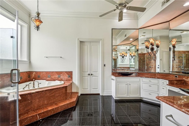 bathroom with ornamental molding, plus walk in shower, ceiling fan, and vanity