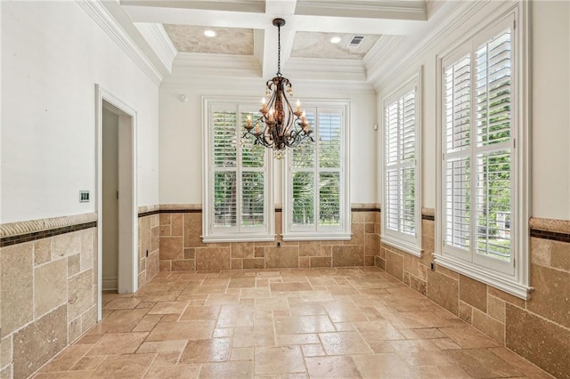 unfurnished sunroom with coffered ceiling, an inviting chandelier, and beamed ceiling