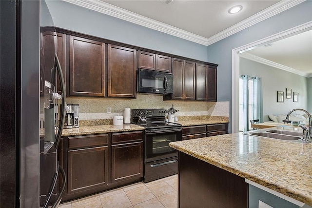 kitchen with dark brown cabinetry, crown molding, sink, black appliances, and light tile patterned floors