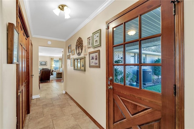 hallway featuring crown molding