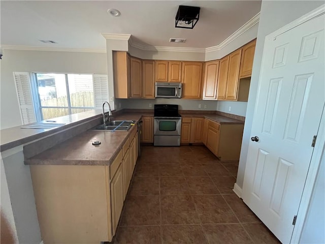 kitchen featuring appliances with stainless steel finishes, dark tile patterned floors, ornamental molding, and sink