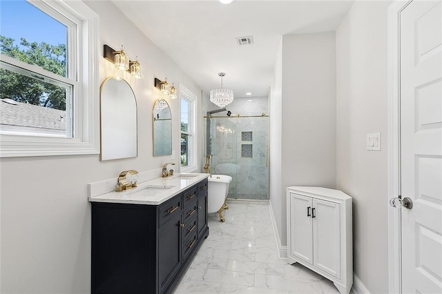 bathroom featuring plus walk in shower and vanity