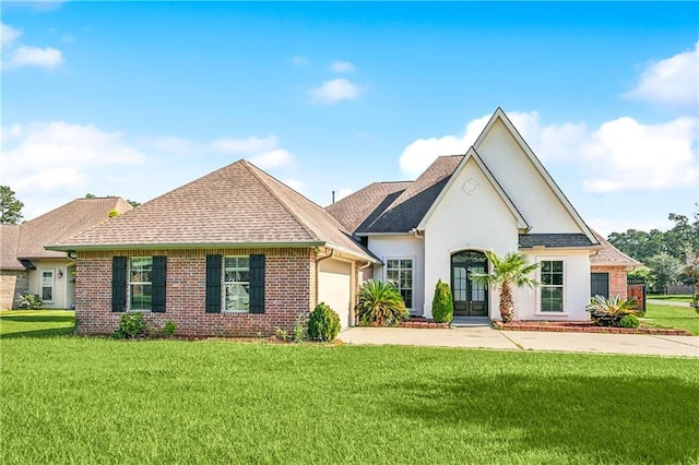 view of front of property with a garage and a front lawn