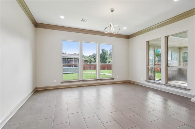 unfurnished room with a notable chandelier and crown molding