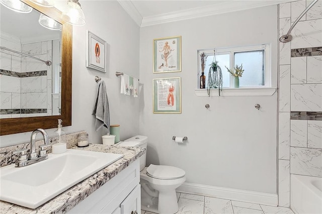 full bathroom with vanity, crown molding, tiled shower / bath combo, and toilet