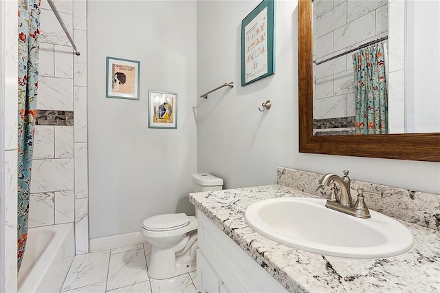 full bathroom featuring vanity, shower / tub combo with curtain, and toilet