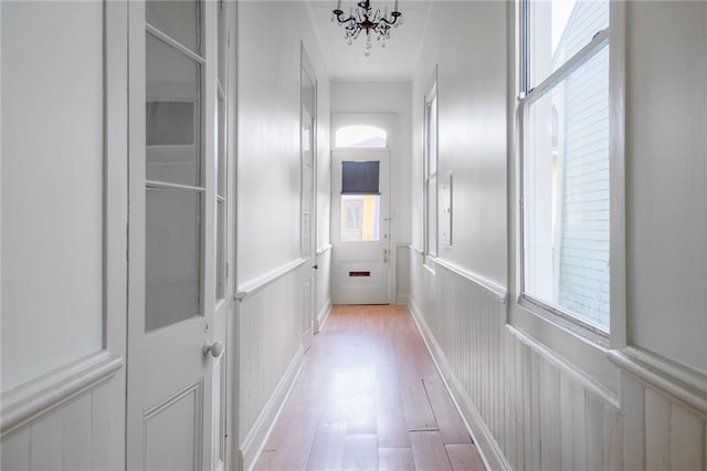 hallway with a wealth of natural light, light hardwood / wood-style flooring, and a chandelier