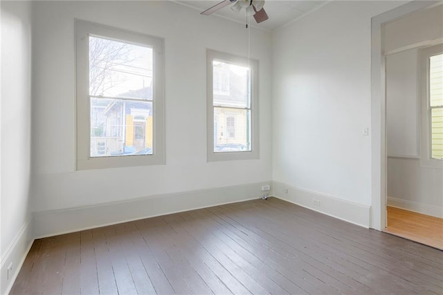 unfurnished room featuring hardwood / wood-style floors, a wealth of natural light, and ceiling fan