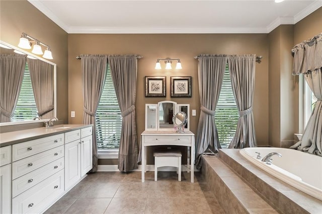 bathroom with tile patterned floors, vanity, a relaxing tiled tub, and ornamental molding