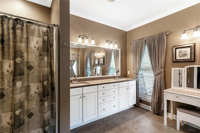 bathroom with tile patterned flooring, vanity, walk in shower, and ornamental molding