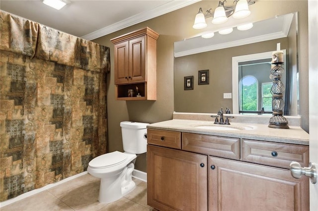 bathroom featuring vanity, a shower with curtain, crown molding, tile patterned flooring, and toilet