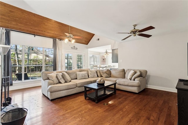 living room featuring lofted ceiling, wooden ceiling, dark wood-type flooring, and french doors