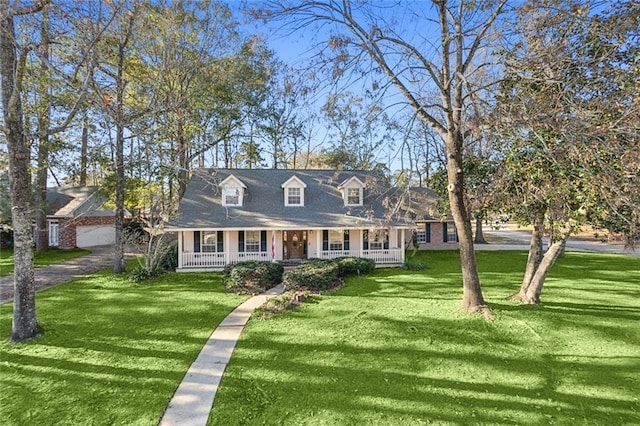 cape cod-style house with a front lawn, covered porch, and a garage