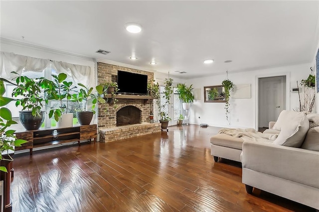 living room featuring a fireplace and dark hardwood / wood-style flooring