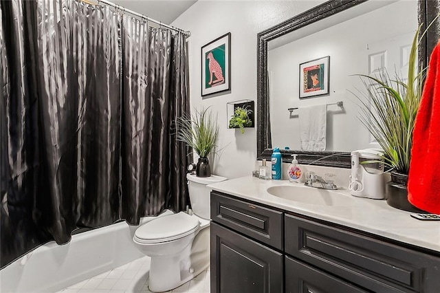 full bathroom with vanity, shower / bathtub combination with curtain, and toilet