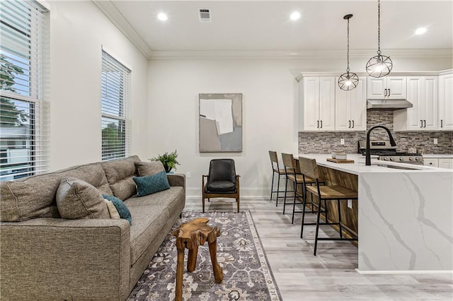 living room featuring ornamental molding and light hardwood / wood-style flooring