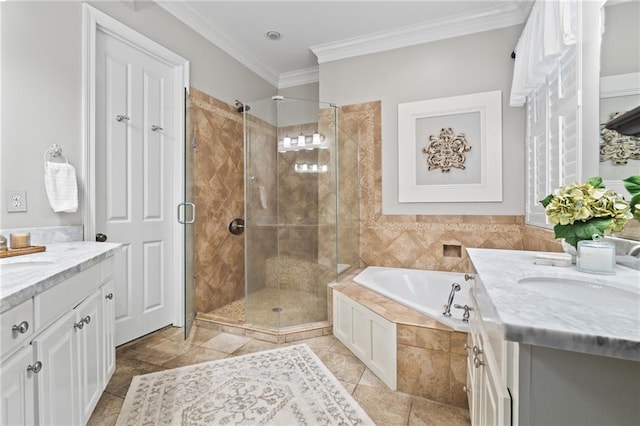 bathroom with tile patterned floors, vanity, independent shower and bath, and ornamental molding