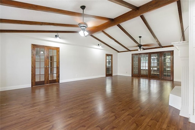 unfurnished living room with vaulted ceiling with beams, ceiling fan, dark wood-type flooring, and french doors