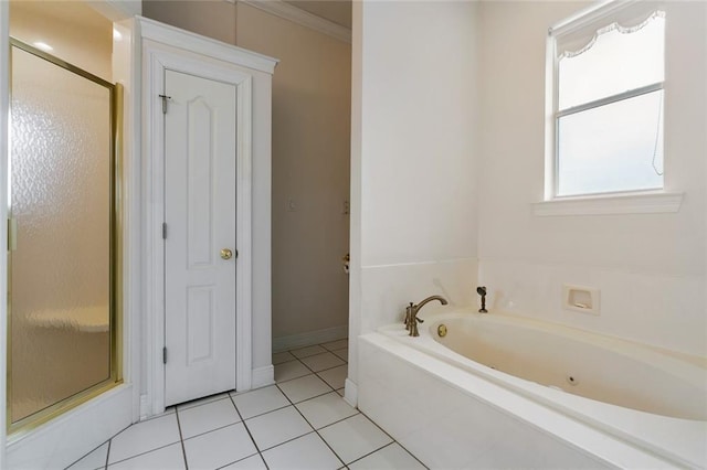 bathroom featuring tile patterned flooring, shower with separate bathtub, and crown molding