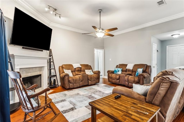 living room featuring a fireplace, wood-type flooring, rail lighting, and ornamental molding