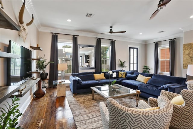 living room featuring crown molding, dark hardwood / wood-style floors, and ceiling fan