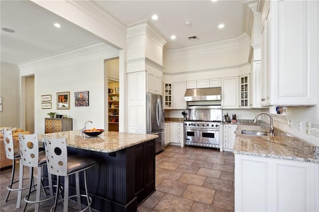 kitchen featuring sink, light stone countertops, a kitchen island, white cabinetry, and stainless steel appliances