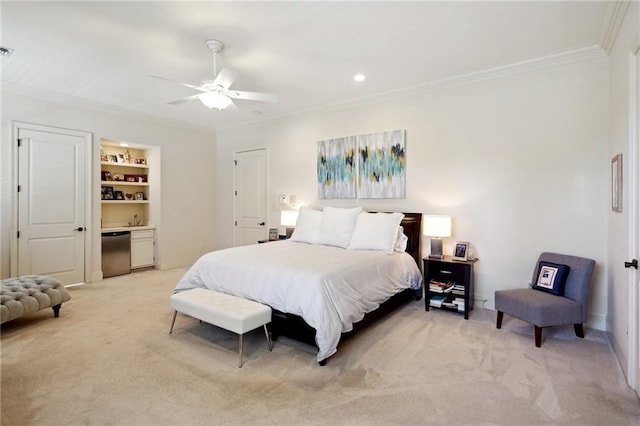 bedroom featuring ceiling fan, light colored carpet, and ornamental molding