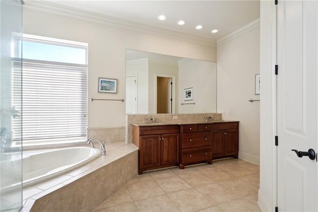 bathroom with tile patterned flooring, vanity, plenty of natural light, and crown molding