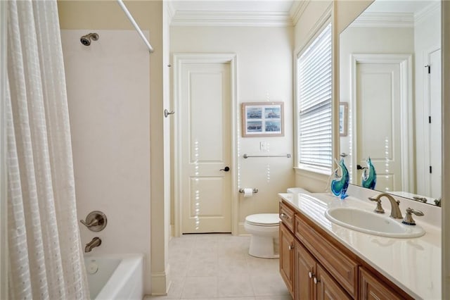 full bathroom featuring shower / bath combo, tile patterned floors, ornamental molding, vanity, and toilet