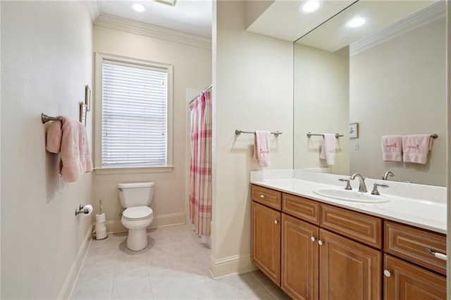 bathroom with a shower with curtain, tile patterned floors, toilet, vanity, and ornamental molding