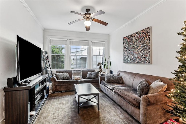 living room featuring ceiling fan and ornamental molding