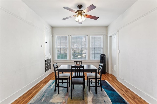 dining space with ceiling fan and wood-type flooring