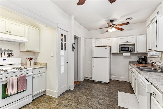 kitchen featuring white cabinetry, sink, ceiling fan, and white appliances