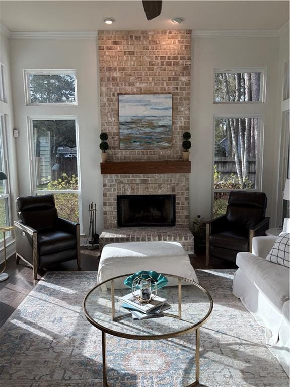 living room with a fireplace, wood-type flooring, ceiling fan, and crown molding