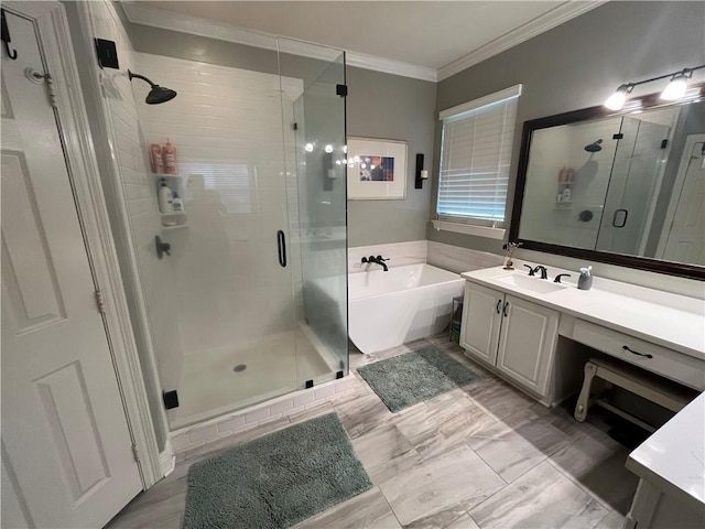 bathroom with shower with separate bathtub, vanity, and crown molding