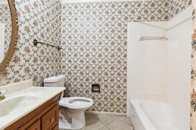 full bathroom featuring tile patterned floors, bathing tub / shower combination, vanity, and toilet