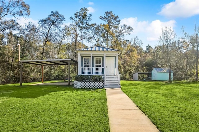 view of outdoor structure with a lawn and a carport