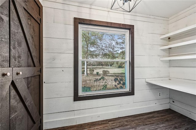 interior details with wood walls and wood-type flooring