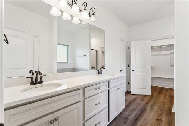 bathroom with hardwood / wood-style flooring and vanity