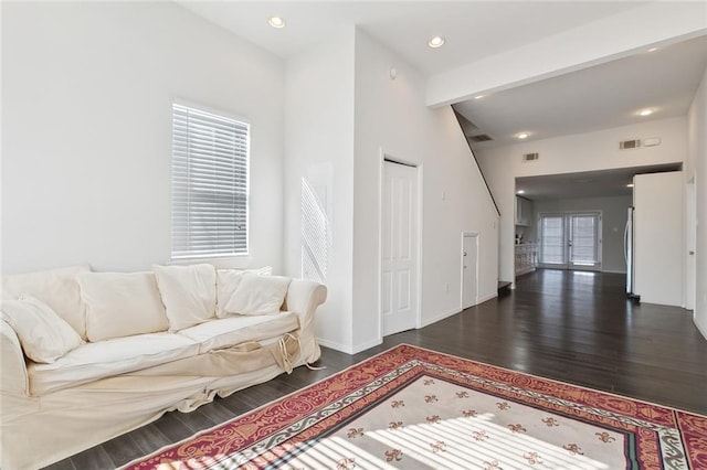 living room with dark hardwood / wood-style flooring