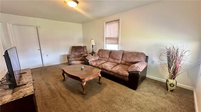 carpeted living room with a textured ceiling